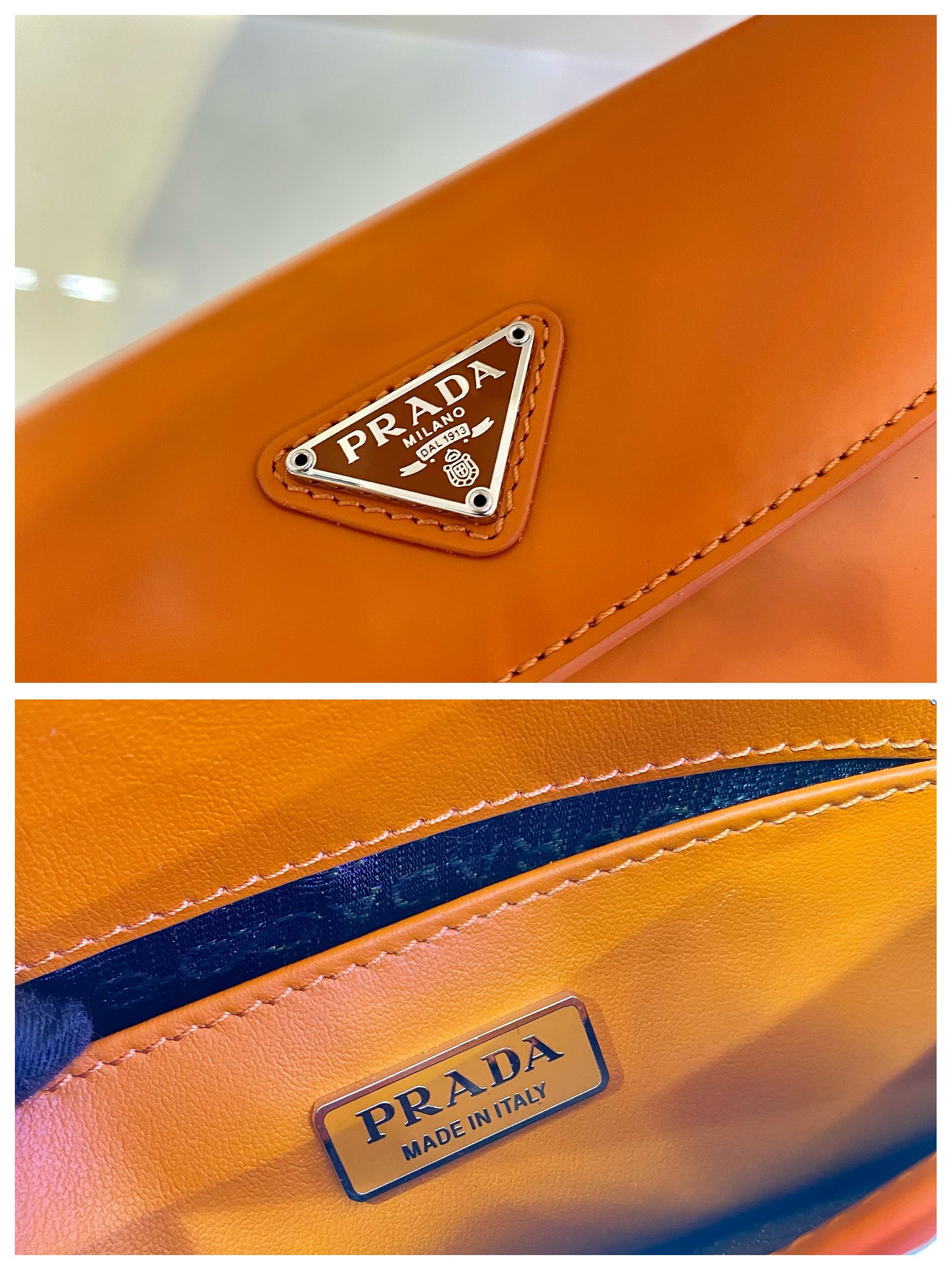 Prada Cleo Brushed Leather Shoulder Bag With Flap Orange 1BD311